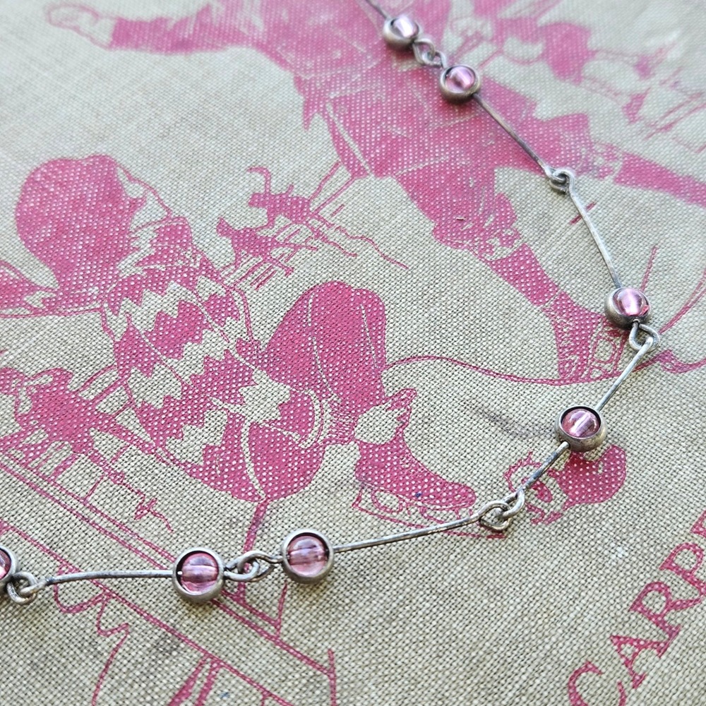 Vintage Silver Tone Pink Glass Bead Station Necklace Adjustable Bar Link Choker